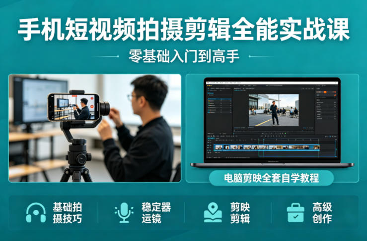 闲鱼引流-手机短视频拍摄剪辑课程封面图：稳定器运镜与电脑剪映界面同框展示，突出零基础入门与专业质感双重定位