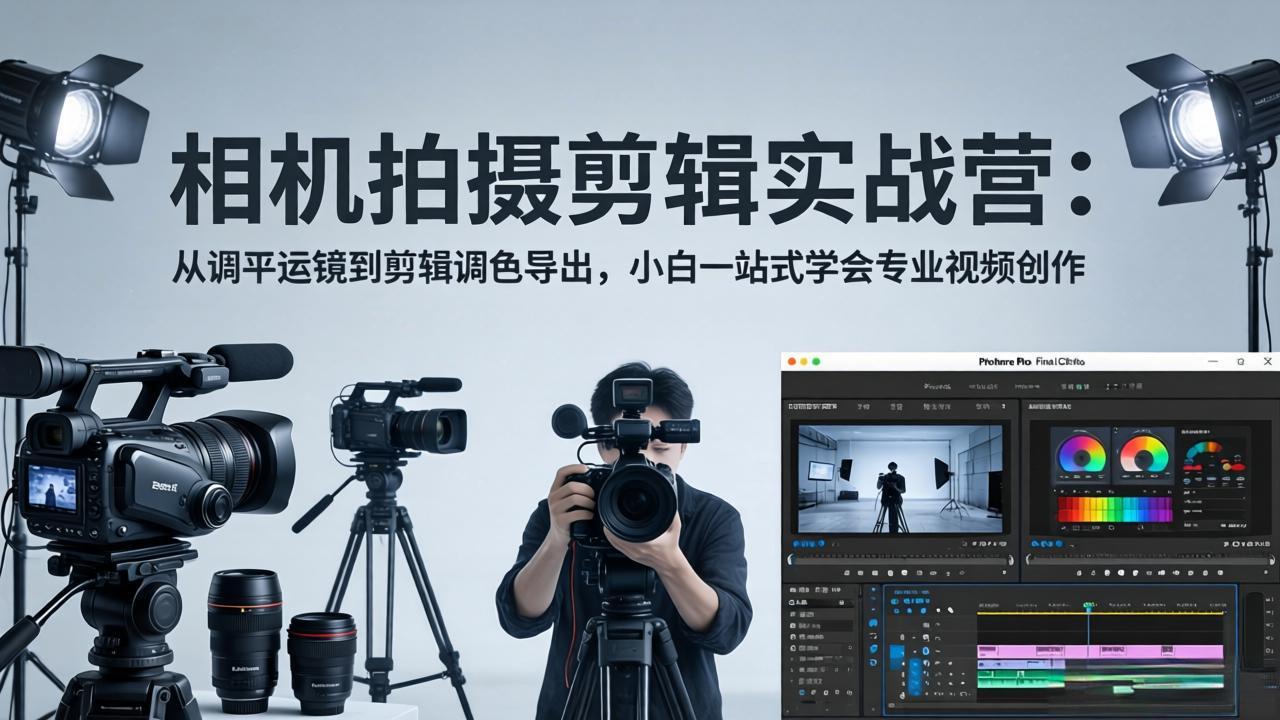 <a href="https://www.zdlhp.com/remen/9257.html" title="闲鱼" target="_blank">闲鱼</a>引流-零基础相机拍摄剪辑课程封面图，含稳定器与剪映界面元素，突出电影感运镜与专业剪辑教学