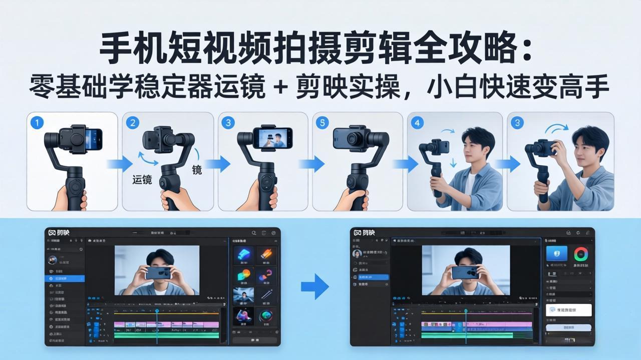 (图1) 闲鱼引流-手机短视频拍摄剪辑课程封面图:云台稳定器与电脑剪映界面同框展示,突出零基础入门与专业实操双重属性