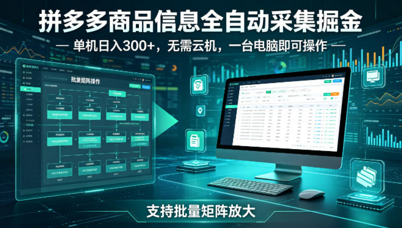 0成本启动！拼多多商品数据全自动采集工具，3步搭建批量矩阵，单机日变现300元起