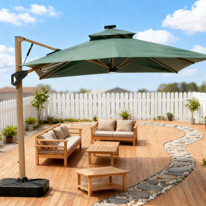 户外遮阳伞庭院带灯伞太阳能LED灯条室外别墅露台花园自动遥控开伞