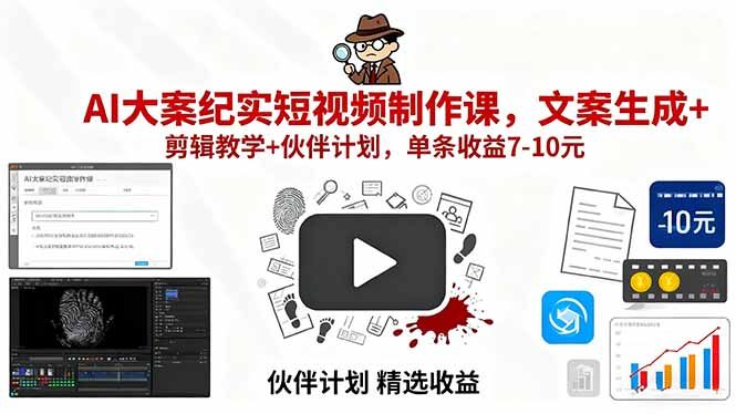 (图1) 闲鱼引流-AI大案纪实短<a href="https://www.zdlhp.com/shipinkecheng/" title="视频课程" target="_blank">视频课程</a>主视觉封面图,突出零基础入门与AI智能创作关键词