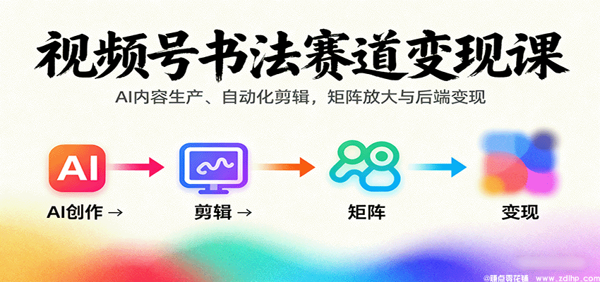 闲鱼引流-中老年书法视频号自动化矩阵实战营课程主视觉图，含AI剪辑、毛笔字特效与多平台分发示意