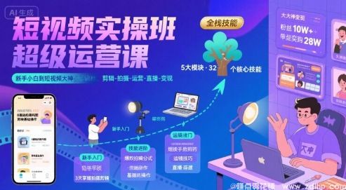 闲鱼引流-短视频全能实战训练营课程封面图：涵盖拍摄剪辑运营直播变现全流程教学