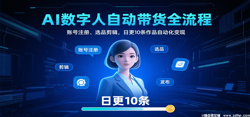 (图1) 闲鱼引流-快手AI数字人带货课程封面图:展示自动化流程图与日更10条数据看板