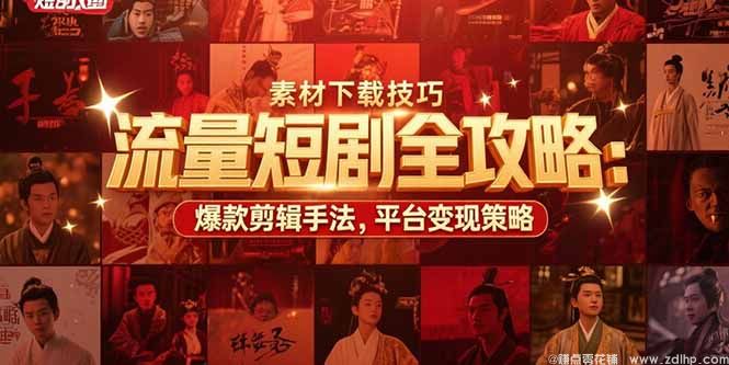 闲鱼引流-短剧创作全流程实战课封面图：包含剪辑界面、平台图标与变现路径示意图