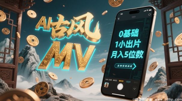 (图1) 闲鱼引流-AI古风MV自动生成系统界面截图:左侧输入诗词,右侧实时渲染水墨动画与古琴BGM