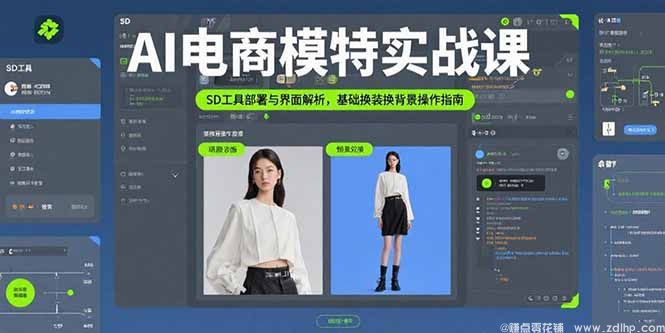 (图1) 闲鱼引流-电商AI模特图生成课程封面图:展示多肤色AI模特与服装场景化合成效果