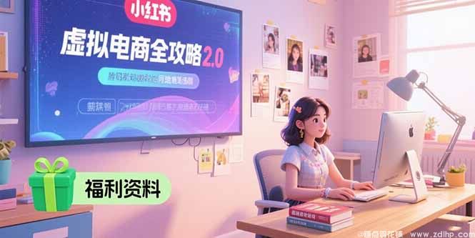 闲鱼引流-K哥小红书虚拟电商2.0课程封面图：含小红书LOGO、虚拟商品图标与‘实战闭环’核心标语