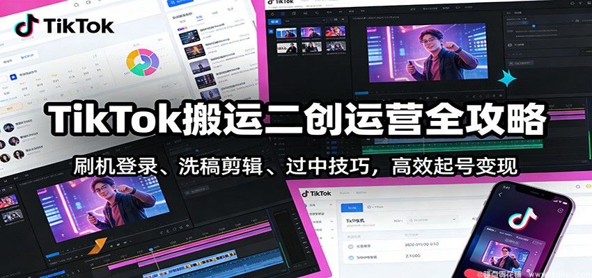 闲鱼引流-<a href="https://www.zdlhp.com/dianshang/" class="seo-link">TikTok</a>二创运营实战课程封面图，含手机刷机、PR字幕插件、Topaz画质修复等核心模块视觉元素