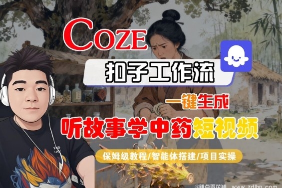 闲鱼引流-Coze零代码工作流自动生成‘听故事学中药’AI短视频界面实拍图，含故事脚本、语音合成与画面合成全流程可视化节点