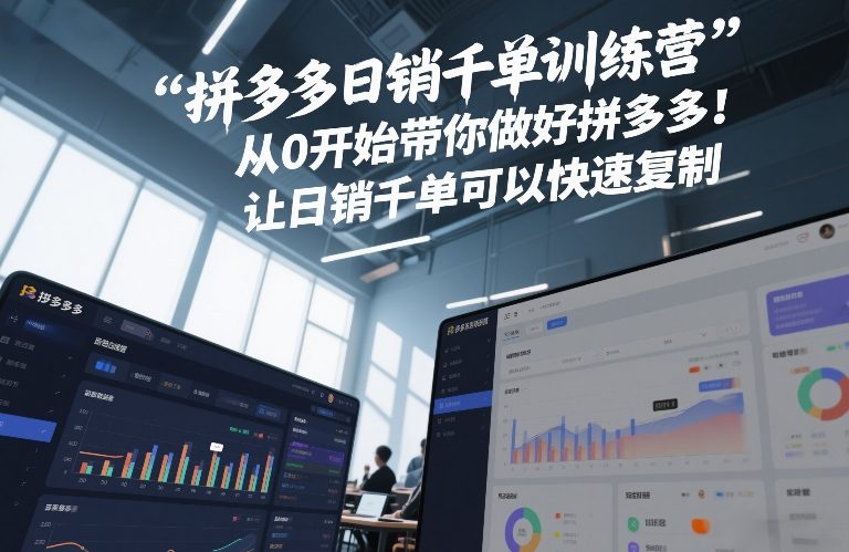 (图1) 闲鱼引流-拼多多日销千单实战训练营课程主视觉图,展示2026新版课程体系结构与核心成果指标