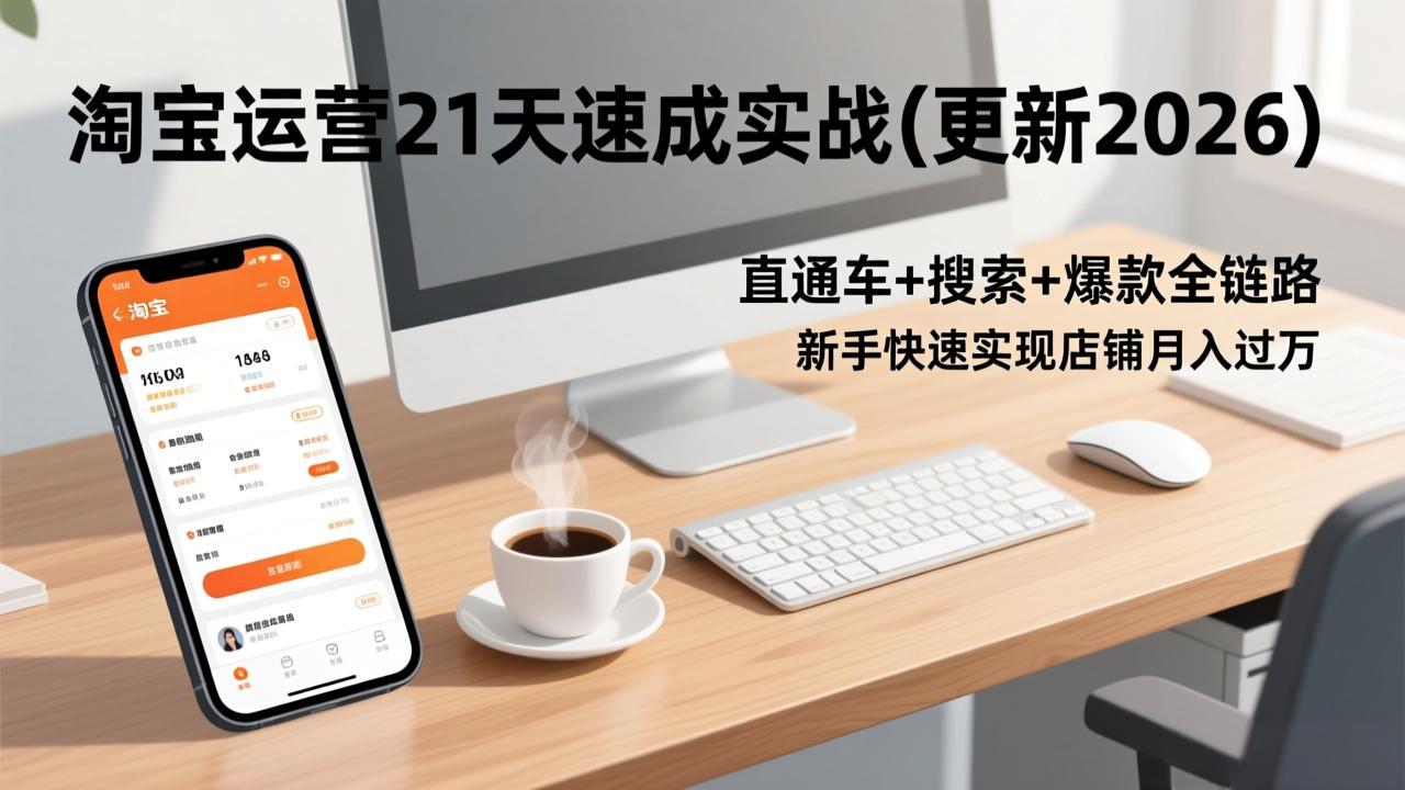 (图1) 闲鱼引流-淘系运营21天速成班课程封面图,展示淘宝天猫平台数据看板与爆款增长曲线