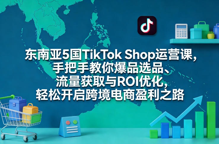 闲鱼引流-东南亚TikTok Shop运营课程封面图，含泰国越南马来西亚印尼菲律宾五国标识与爆款短视频案例