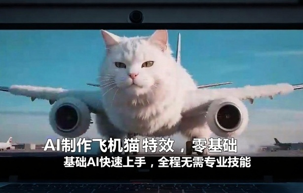 闲鱼引流-AI生成飞机猫特效示例图：卡通猫咪驾驶红色小飞机飞越蓝天白云背景，画风清新明快