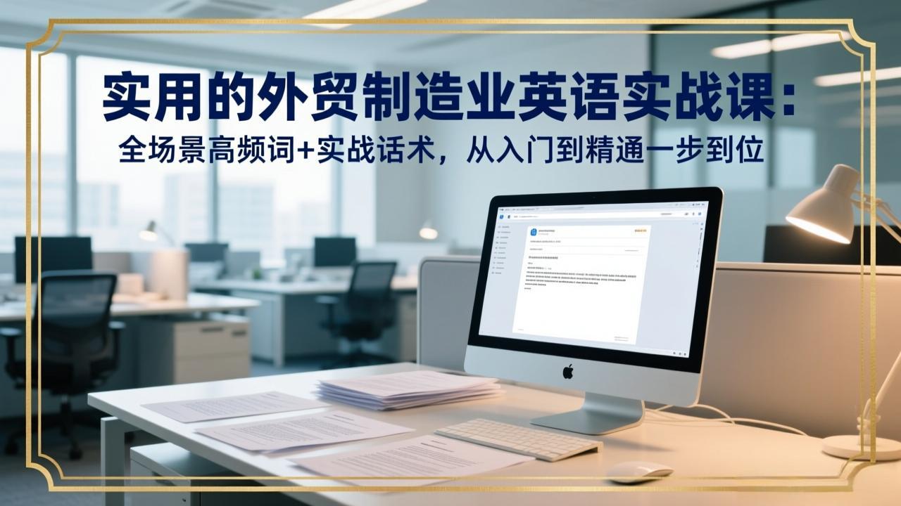 (图1) 闲鱼引流-外贸制造业英语课程封面图:中英双语界面展示工厂接待、展会谈判与邮件写作核心模块
