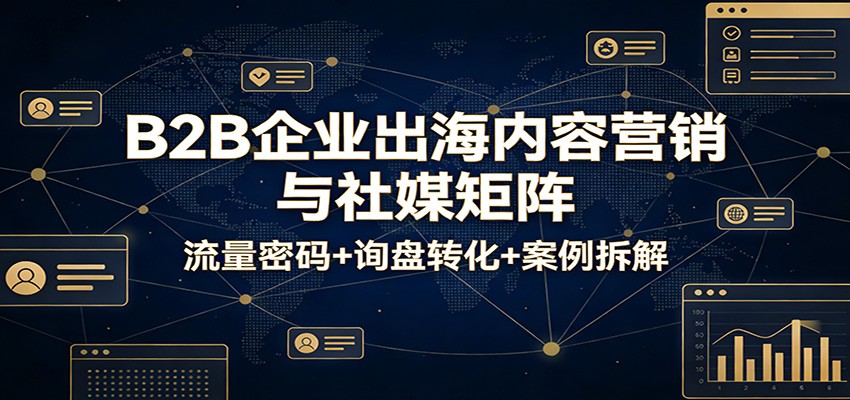 闲鱼引流-B2B企业出海内容营销与社媒矩阵实战课程封面图，含英文标题与全球地标元素