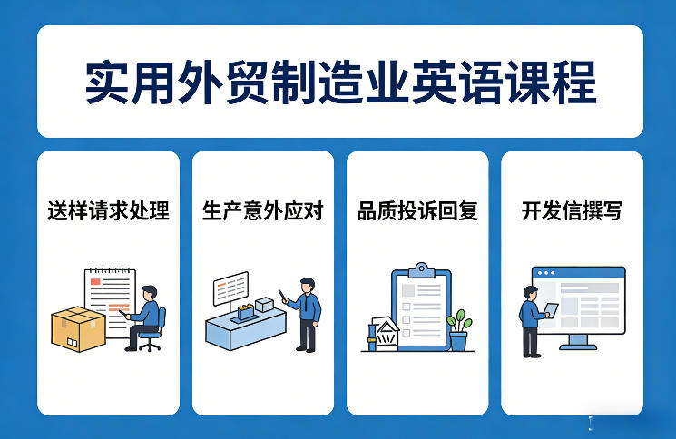 闲鱼引流-外贸制造业英语课程实景教学封面图，展示工厂场景与英文沟通关键词