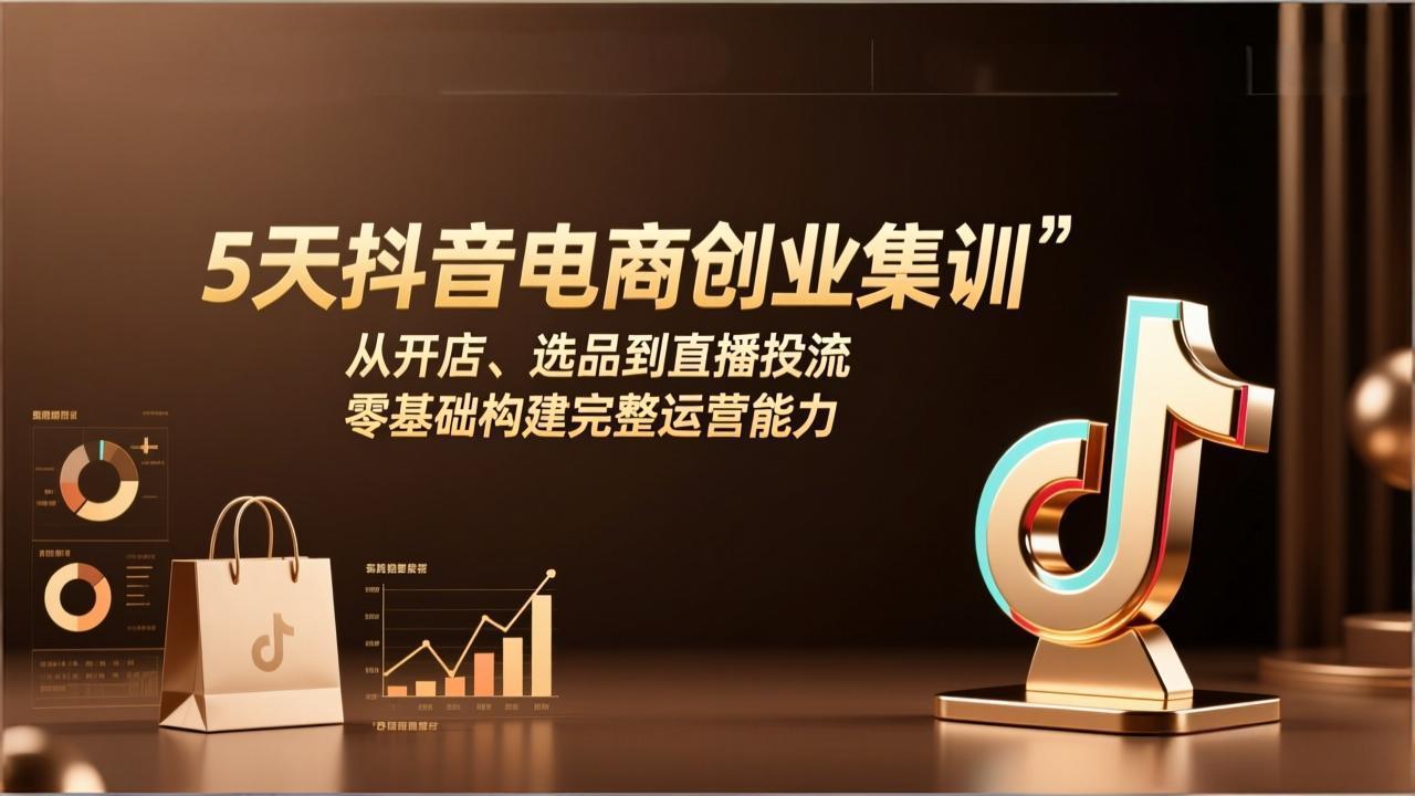 (图1) 闲鱼引流-抖音电商5天集训营课程封面图,展示短视频拍摄、直播场景与数据看板融合界面