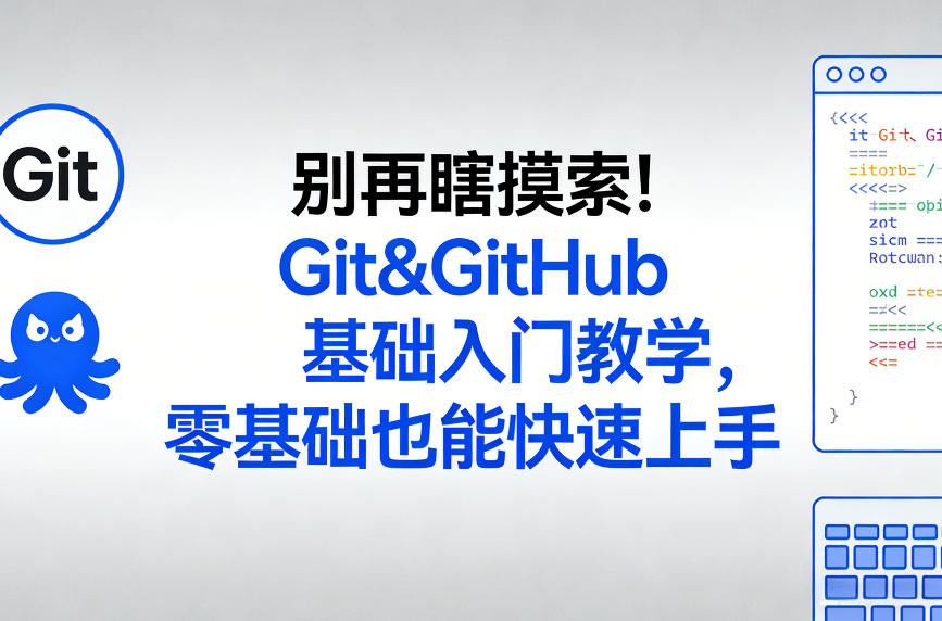 闲鱼引流-Git与GitHub零基础入门课程封面图：清晰展示命令行操作界面与GitHub网页协同界面组合示意图
