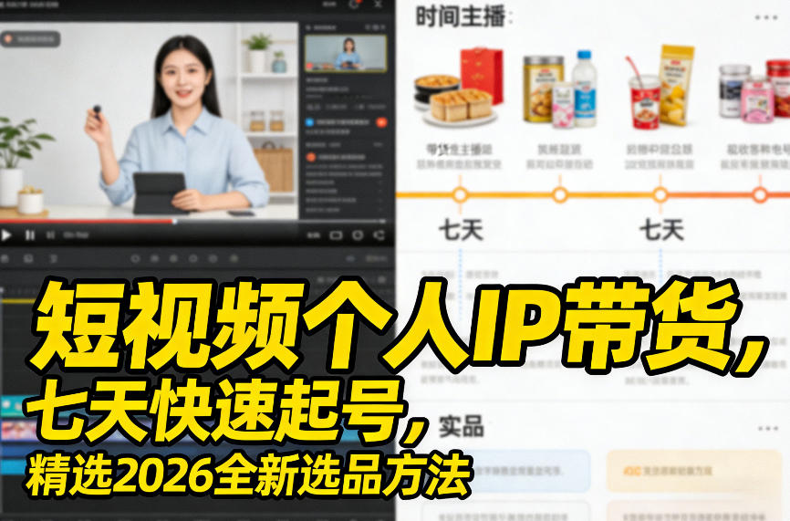 闲鱼引流-短视频个人IP带货7天起号实战课封面图，含2026新版选品方法论与TK平台操作界面示意