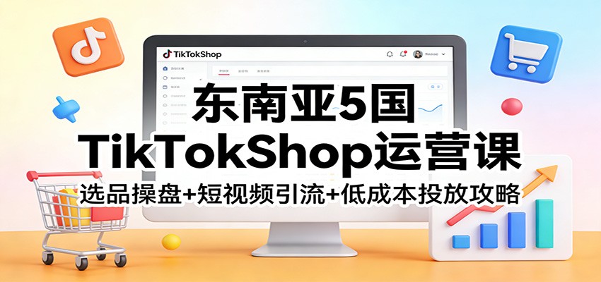 闲鱼引流-东南亚TikTok Shop运营课程封面图，展示泰国、越南、马来西亚等五国地标与TikTok图标融合设计