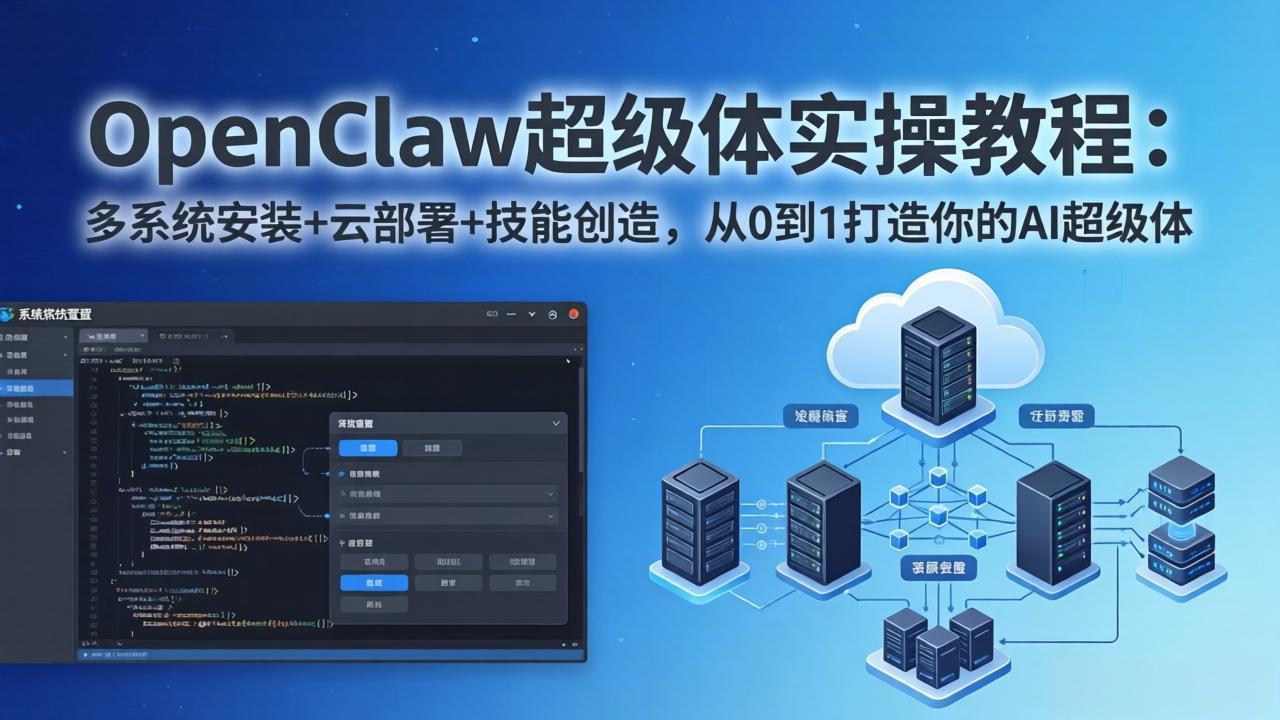 闲鱼引流-OpenClaw超级体课程封面图：多系统部署与AI智能体架构示意图