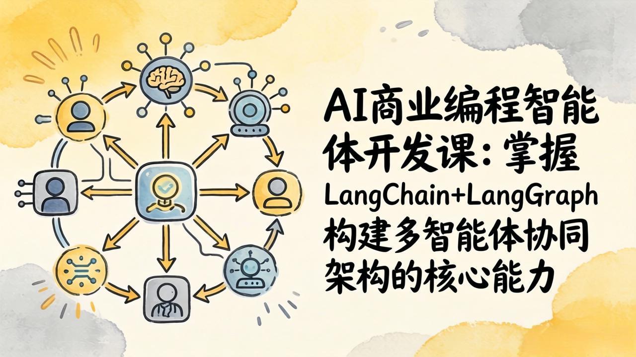 (图1) 闲鱼引流-AI编程智能体课程封面图:展示LangChain与LangGraph协同架构示意图及终端自动化编码界面