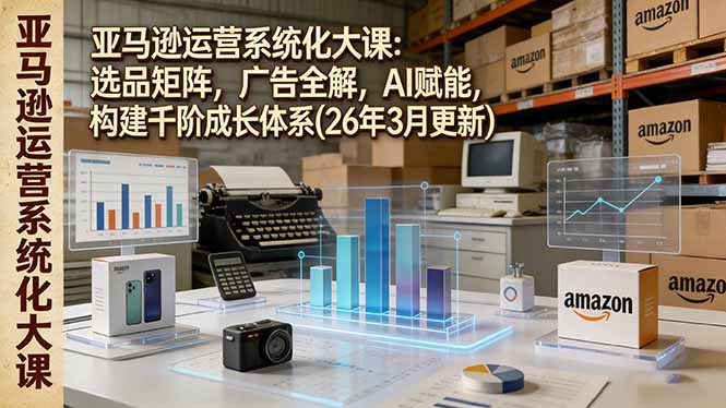 (图1) 闲鱼引流-2026亚马逊运营系统课主视觉图:涵盖选品逻辑、广告架构、AI工具应用与团队管理四大模块