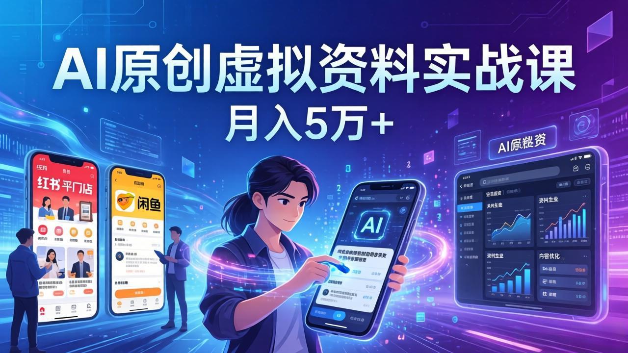 闲鱼引流-AI虚拟资料创业课程封面图：小红书+闲鱼+网盘多平台协同界面示意图
