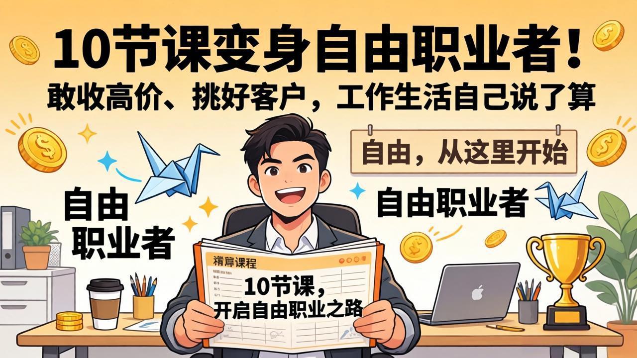 (图1) 闲鱼引流-主权自由职业者AI赋能课程封面图,展示独立工作场景与智能工具协同界面