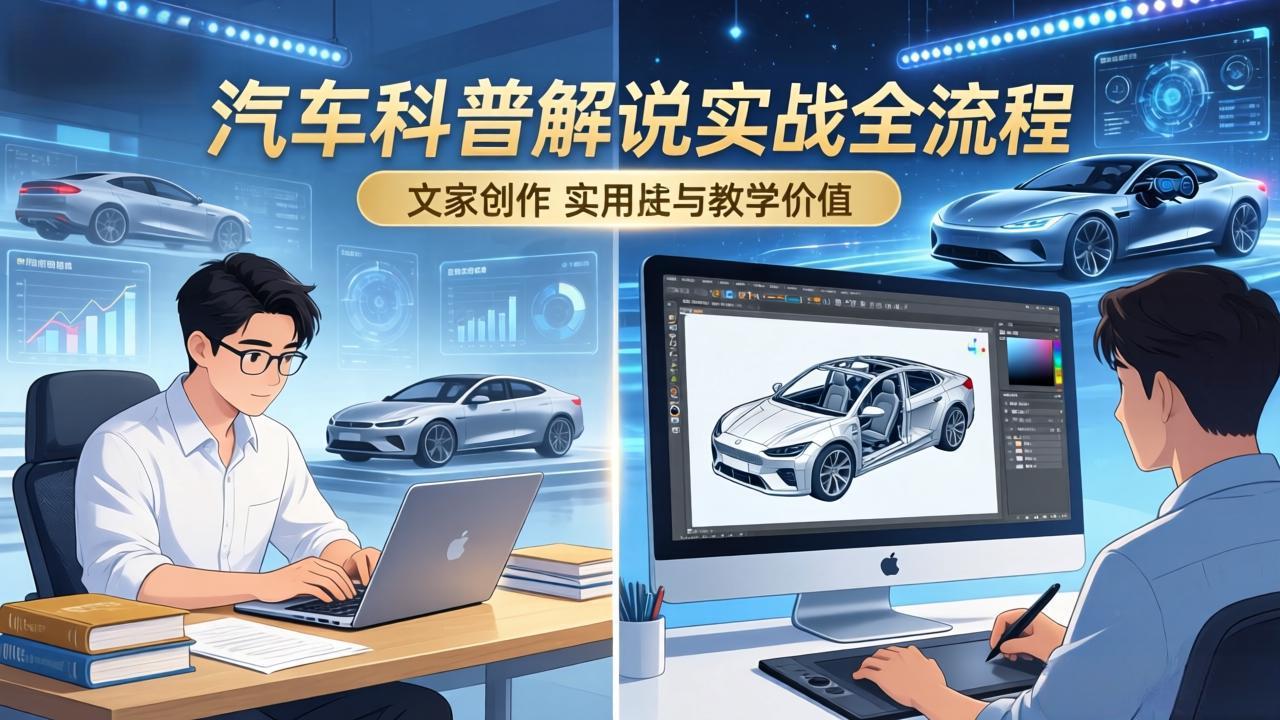 (图1) 闲鱼引流-抖音汽车科普动画剪辑课程封面图,展示车辆结构动态演示与短视频界面叠加效果