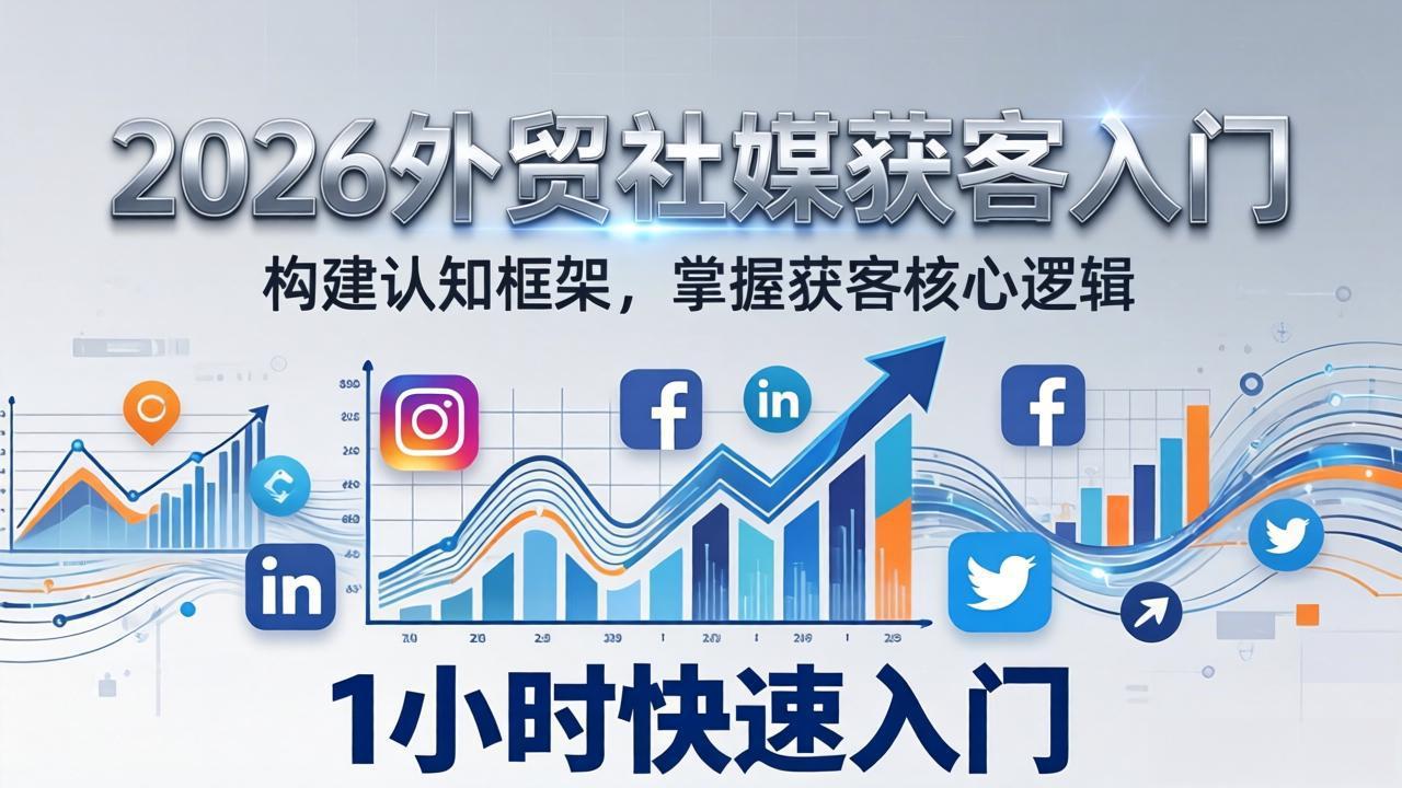 (图1) 闲鱼引流-外贸社媒获客入门课封面图:展示TikTok、LinkedIn、Instagram三平台图标与‘新手7日启动计划’标题