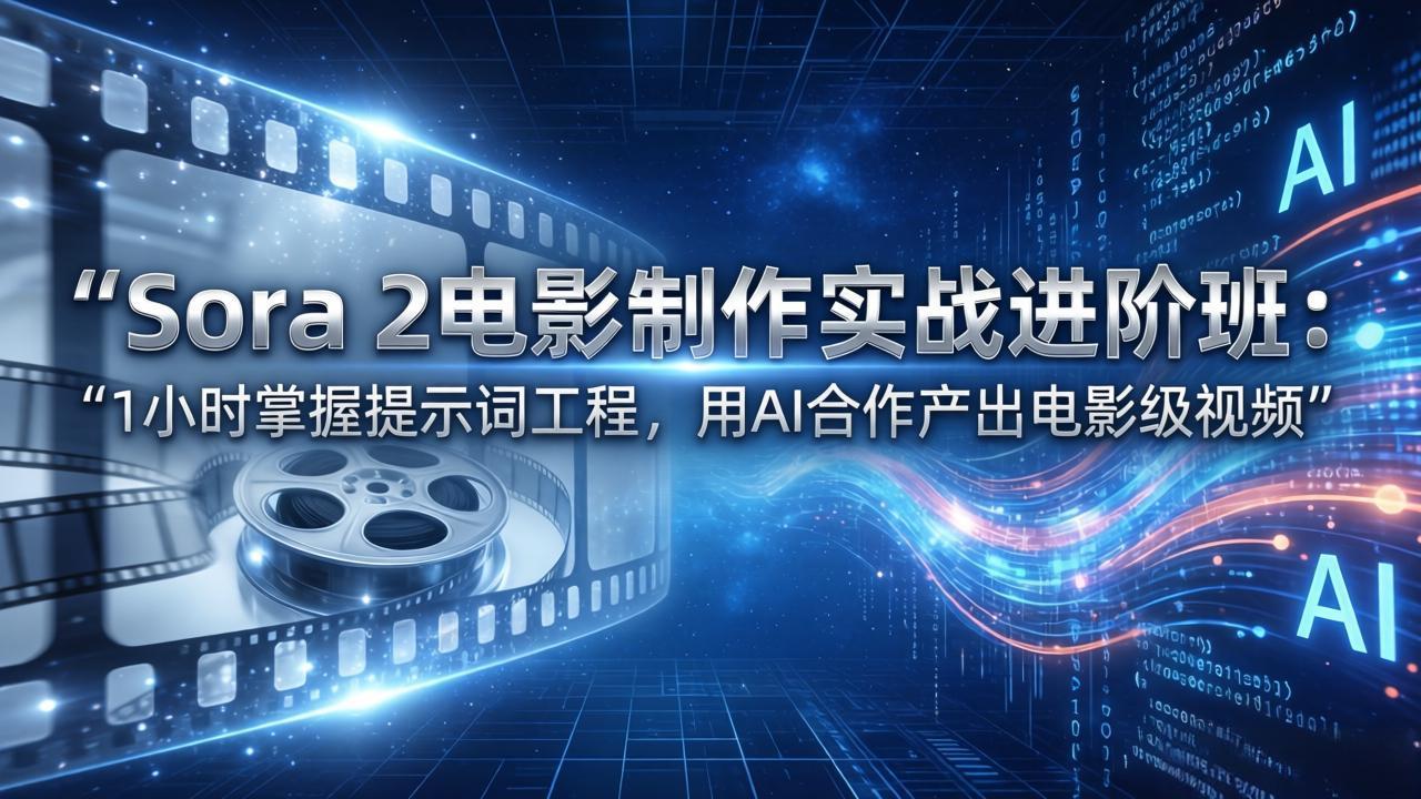 闲鱼引流-Sora 2 AI视频制作课程封面图：电影胶片与神经网络融合视觉，突出‘电影级提示工程’核心关键词