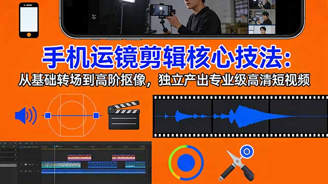 (图1) 闲鱼引流-手机运镜剪辑课程封面图:高清短视频教学界面与实操手机画面结合,突出零基础入门与专业级效果呈现