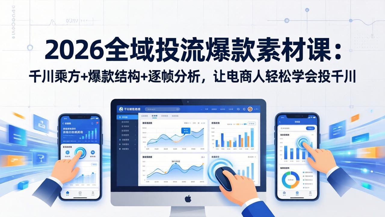 闲鱼引流-2026千川全域投流课程封面图，展示爆款素材生产与千川乘方应用核心教学模块