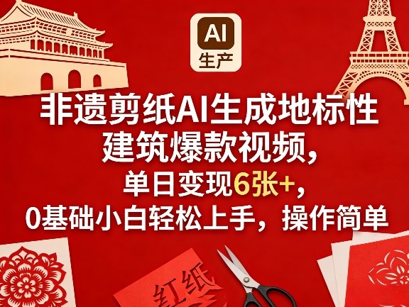 闲鱼引流-AI生成非遗剪纸风格北京天坛短视频封面图，突出传统纹样与现代地标融合视觉效果