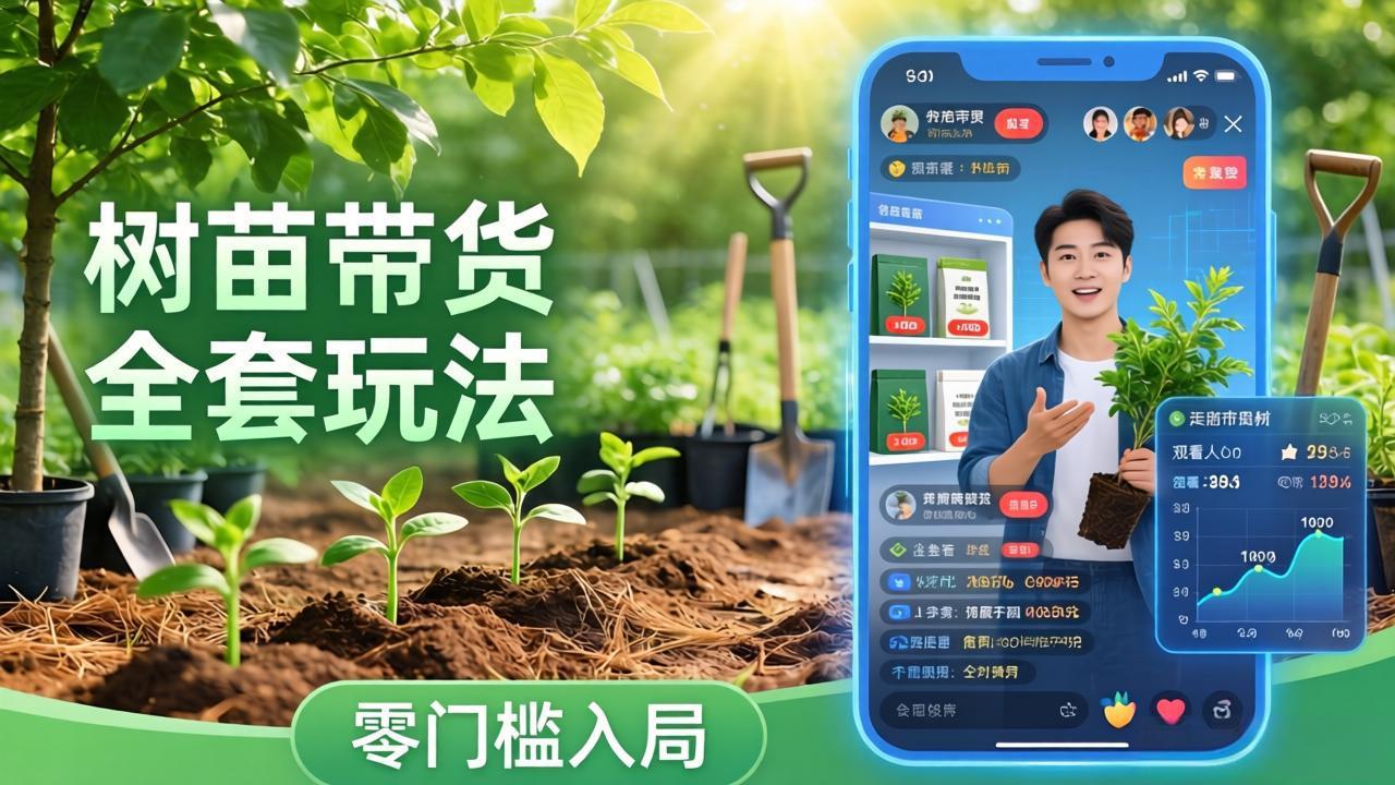 (图1) 闲鱼引流-AI树苗带货课程封面图:手机界面展示豆包与千问双平台AI生成树苗视频效果