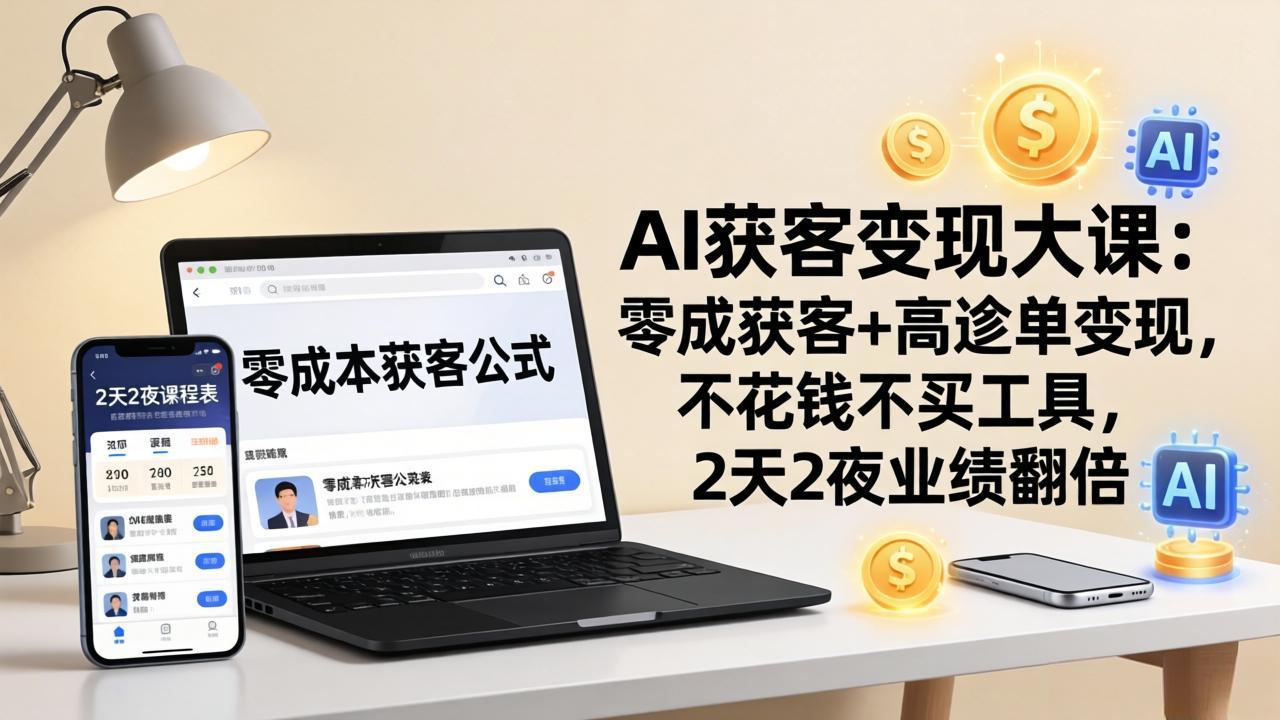 闲鱼引流-吴思纯AI流量实战课主视觉图，展示零成本获客与AI内容生成双核心场景