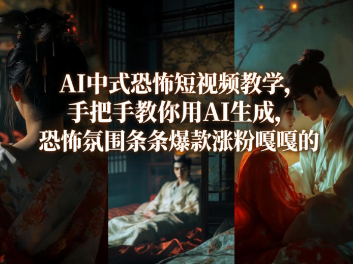 <a href="https://www.zdlhp.com/remen/9257.html" title="闲鱼" target="_blank">闲鱼</a>引流-AI生成中式恐怖短视频教学课程封面图：水墨鬼影与AI芯片融合视觉，突出零基础入门与爆款量产特性