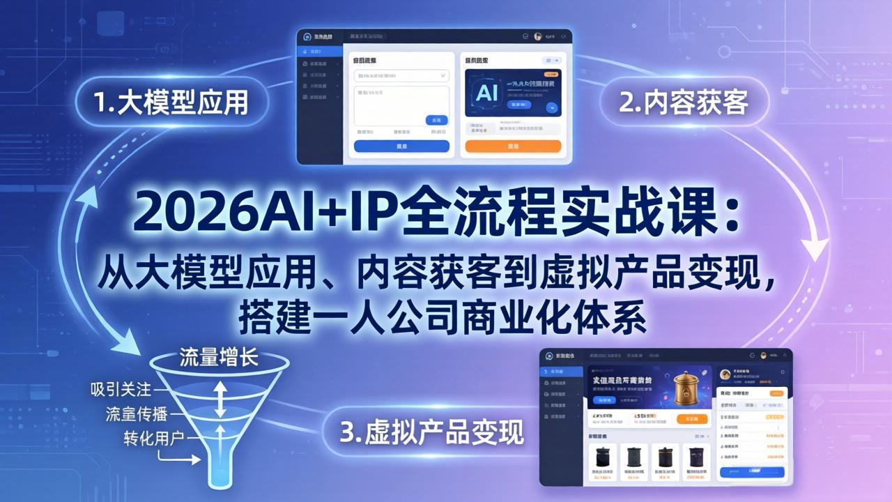 <a href="https://www.zdlhp.com/remen/9257.html" title="闲鱼" target="_blank">闲鱼</a>引流-AI一人公司训练营主视觉图：展示智能体工作流、IP商业画布与多平台内容矩阵