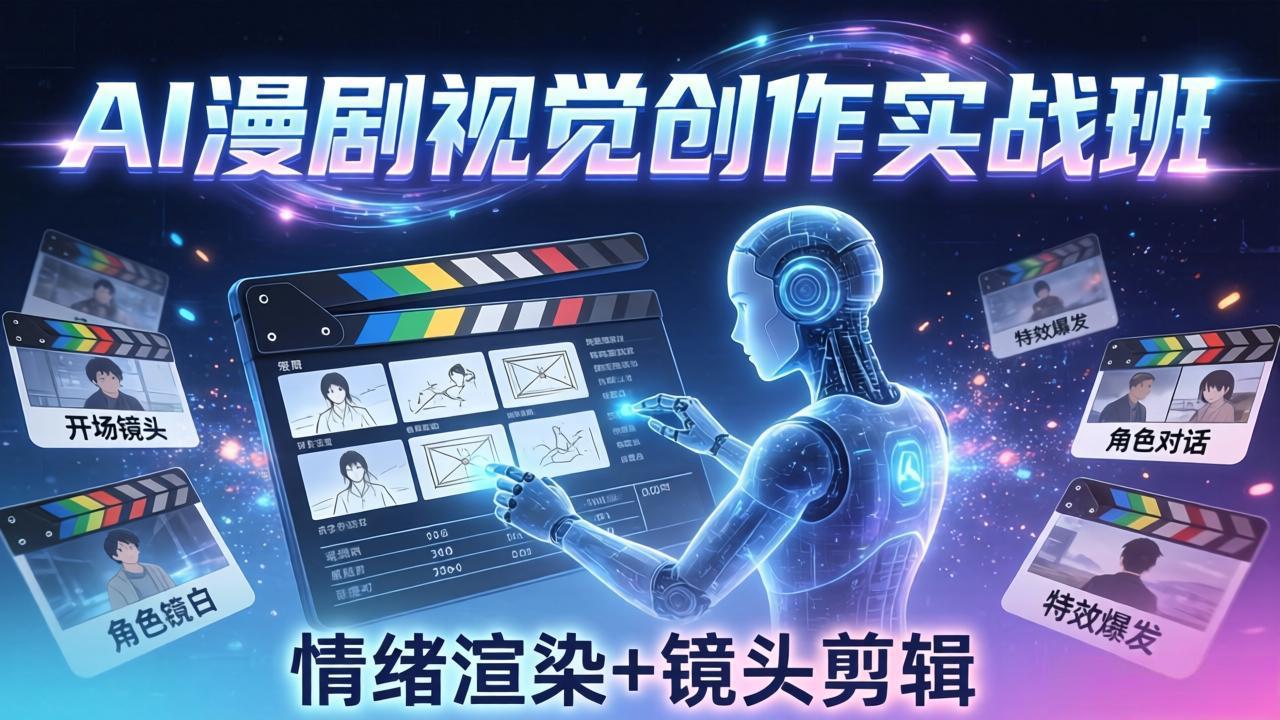 闲鱼引流-AI漫剧视觉导演课封面图：展示分镜草稿、AI生成画面与成片对比，突出镜头语言与叙事质感