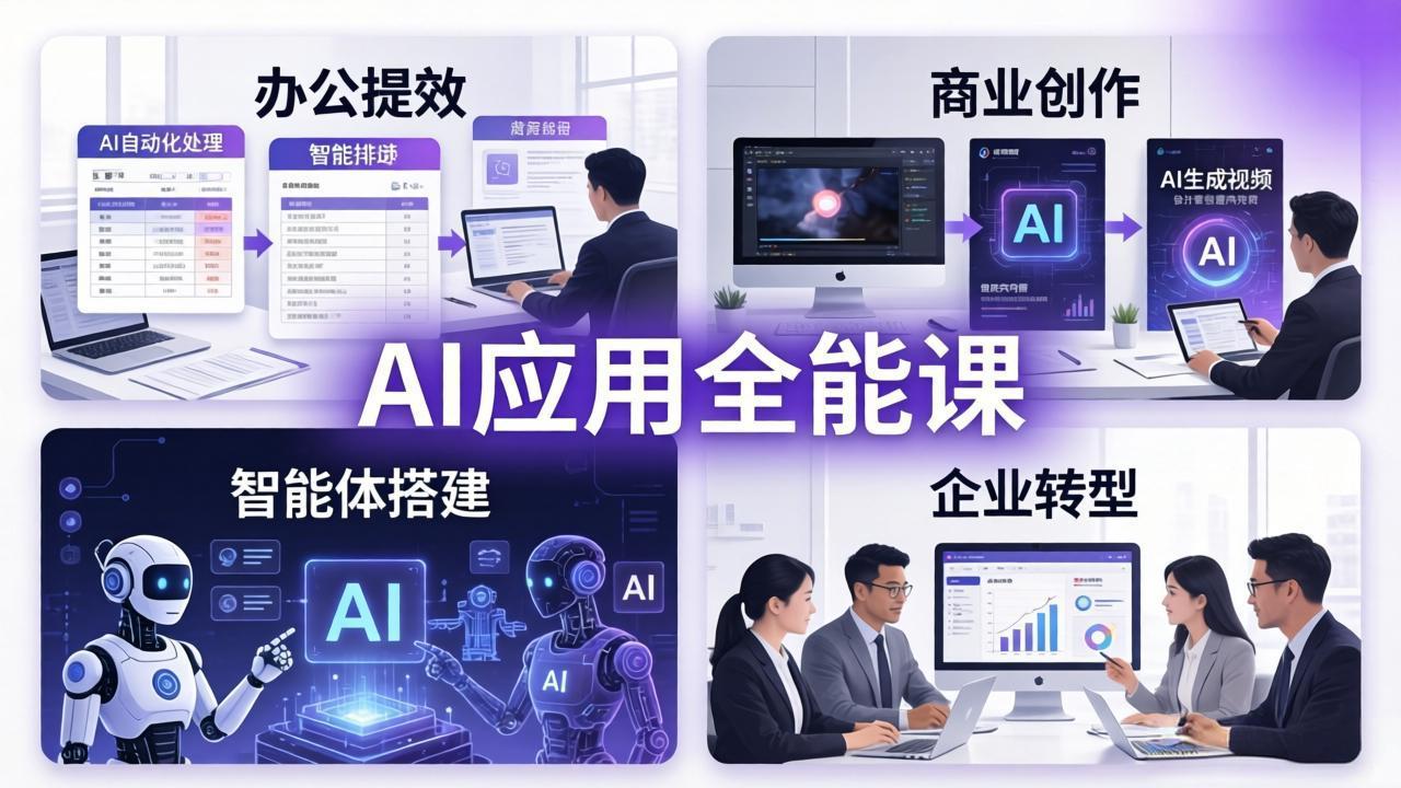 0成本掌握AI应用全链路！办公提效、商业创作、智能体开发与企业转型4大变现场景一站式通关