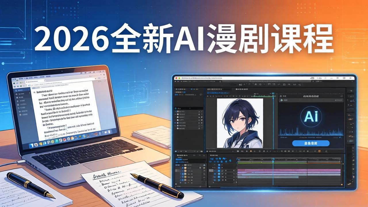<a href="https://www.zdlhp.com/remen/9257.html" title="闲鱼" target="_blank">闲鱼</a>引流-AI漫剧全流程教学课程封面图，展示AI写作、分镜生成与视频合成核心环节