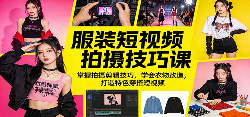<a href="https://www.zdlhp.com/remen/9257.html" title="闲鱼" target="_blank">闲鱼</a>引流-短视频拍摄与旧衣改造融合课程封面图，展示创意穿搭与剪辑界面