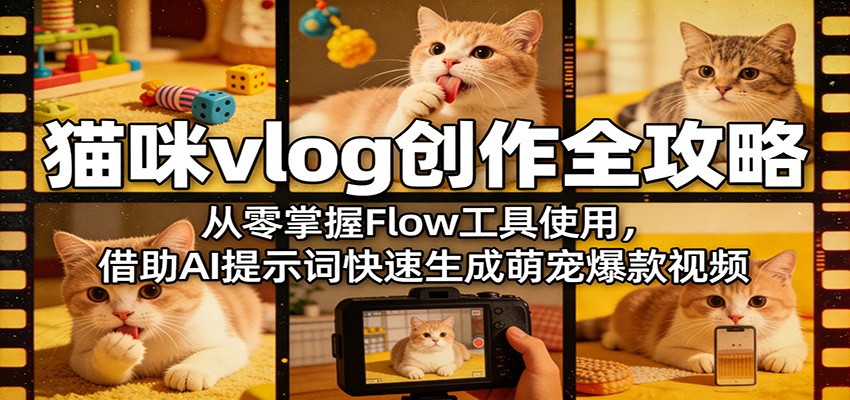 闲鱼引流-AI生成猫咪vlog教学封面图，展示可爱橘猫与智能工具界面融合场景