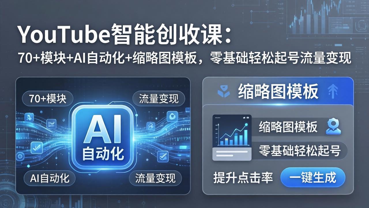 <a href="https://www.zdlhp.com/remen/9257.html" title="闲鱼" target="_blank">闲鱼</a>引流-YouTube智能创收系统课程主视觉图，展示AI工具、收益仪表盘与多平台协同界面