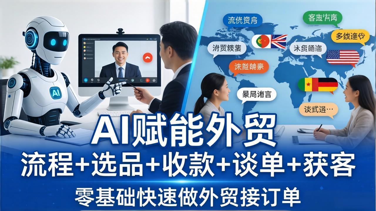 <a href="https://www.zdlhp.com/remen/9257.html" title="闲鱼" target="_blank">闲鱼</a>引流-外贸AI实战课程封面图：展示社媒平台图标与AI工具界面融合设计，突出零基础入门和客户开发效果