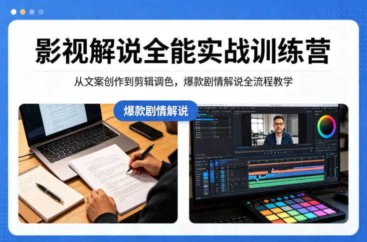 <a href="https://www.zdlhp.com/remen/9257.html" title="闲鱼" target="_blank">闲鱼</a>引流-影视解说全能训练营课程封面图展示PR剪辑调色AU修音全流程教学场景