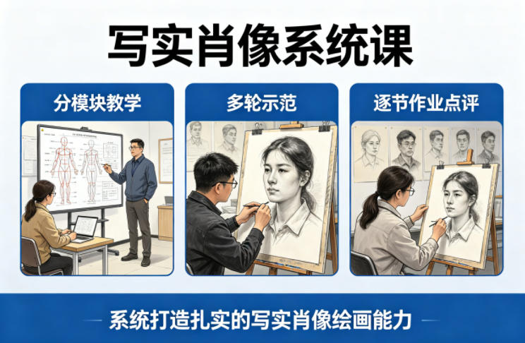<a href="https://www.zdlhp.com/remen/9257.html" title="闲鱼" target="_blank">闲鱼</a>引流-写实肖像绘画系统课封面图：高清人物面部特写与手绘笔触叠加，突出造型精准与质感表现